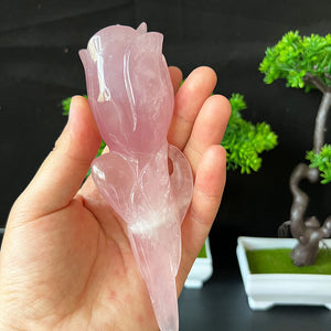 天然粉晶玫瑰花工艺品 手工DIY雕刻水晶玫瑰花权杖摆件