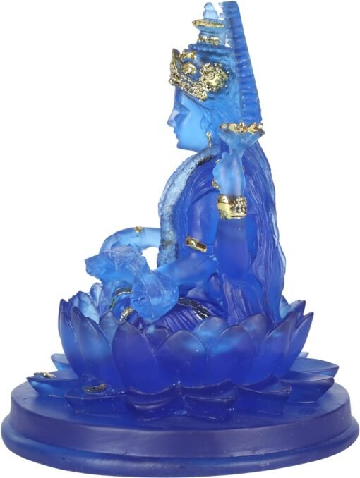 进口 H & W印度教女神Saraswati偶像，蓝色Sarasvati雕像，Lmitation玻璃雕塑佛像雕像装饰，坐在莲花雕塑雕像上：圖片 5