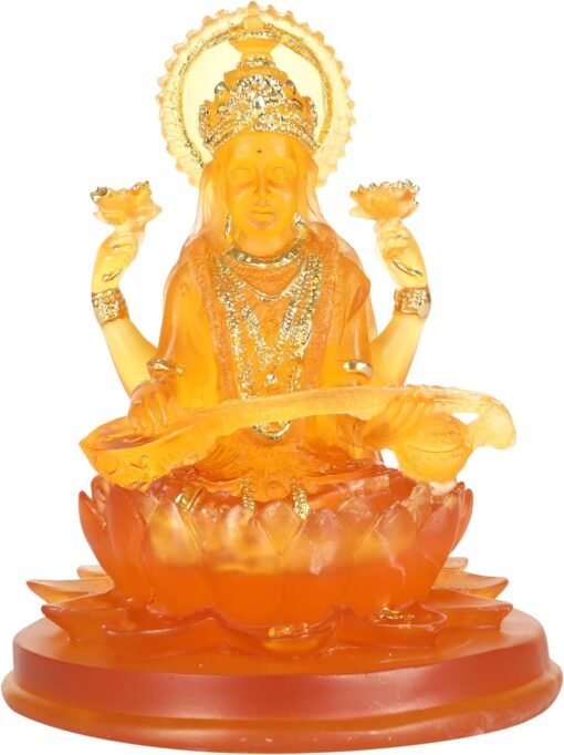 进口 H & W印度教女神Saraswati偶像，蓝色Sarasvati雕像，Lmitation玻璃雕塑佛像雕像装饰，坐在莲花雕塑雕像上：圖片 7