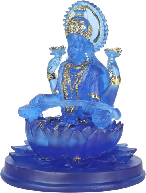 进口 H & W印度教女神Saraswati偶像，蓝色Sarasvati雕像，Lmitation玻璃雕塑佛像雕像装饰，坐在莲花雕塑雕像上：圖片 3