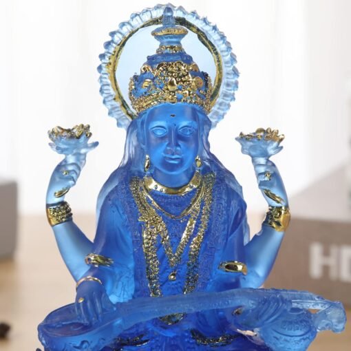 进口 H & W印度教女神Saraswati偶像，蓝色Sarasvati雕像，Lmitation玻璃雕塑佛像雕像装饰，坐在莲花雕塑雕像上：圖片 6