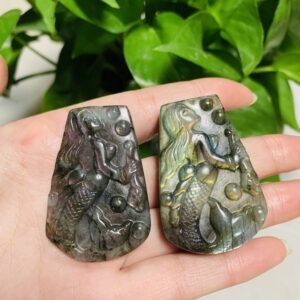 天然水晶拉长石雕刻美人鱼水晶小摆件
