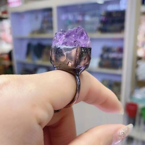 天然能量水晶 天然紫晶牙戒圈吊坠镶嵌 复古风铜包边电镀灵气师手工：圖片 2