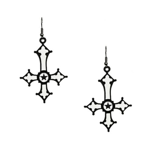 GOTHIC饰品 欧美风暗黑哥特倒十字架无光黑古银色红色五芒星耳环  哥特饰品 - 图片 6