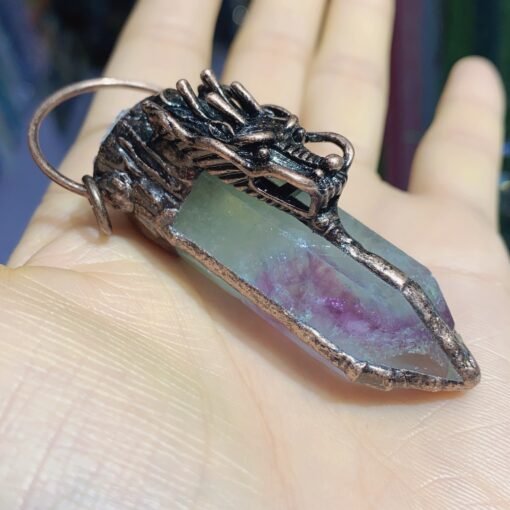 天然能量水晶 天然六角柱铜包边绿萤石混色紫萤石龙头复古吊坠灵气师手工：圖片 2