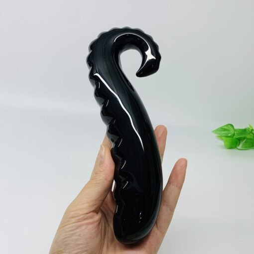 天然黑曜石白熔炼石水晶按摩棒摆件：圖片 3