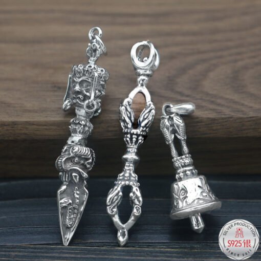 祈祷祝福密宗能量吊坠 纯银三面普巴金刚撅杵法器转经轮 赠升启油