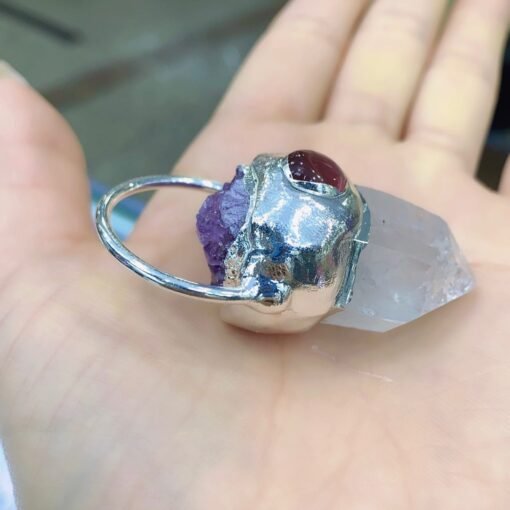 天然能量水晶 天然白水晶原石吊坠紫水晶牙银色包边猫眼石镶嵌  项链灵气师手工：圖片 4