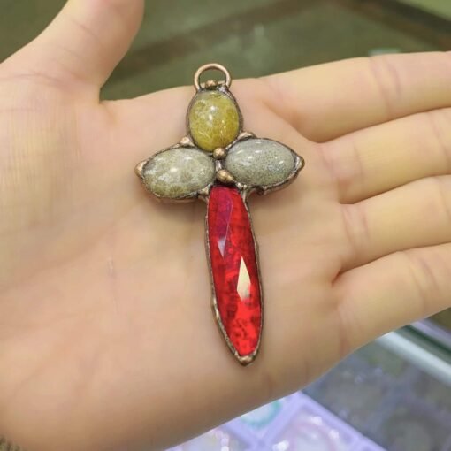 天然能量水晶 樱花玛瑙界面红宝水晶十字架吊坠  项链吊坠灵气师手工：圖片 2