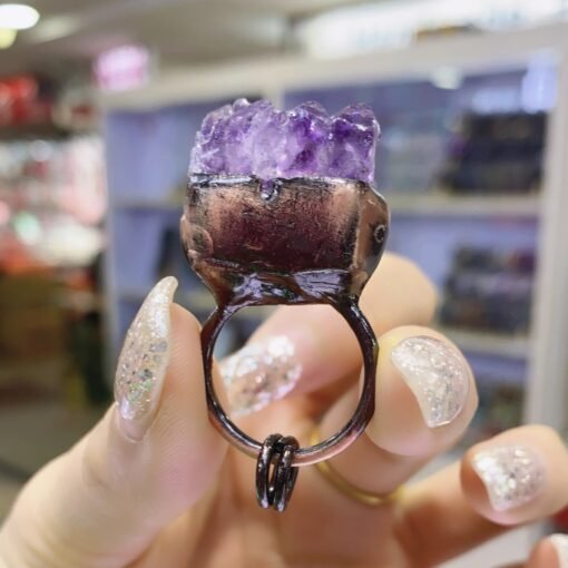 天然能量水晶 天然紫晶牙戒圈吊坠镶嵌 复古风铜包边电镀灵气师手工：圖片 4