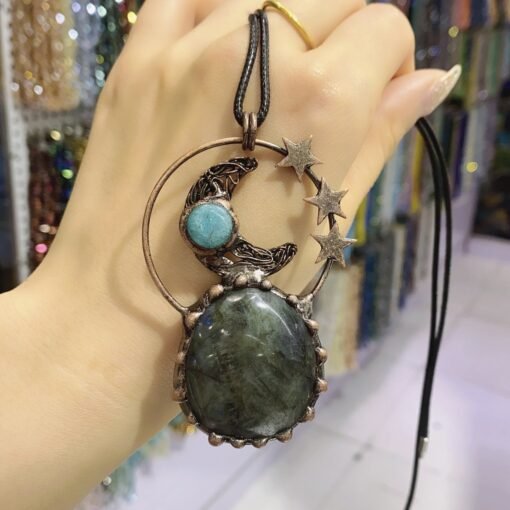 天然原石吊坠星月相伴紫晶 粉晶 铜包边复古电镀个性境外