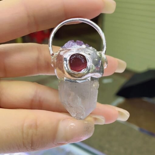 天然能量水晶 天然白水晶原石吊坠紫水晶牙银色包边猫眼石镶嵌  项链灵气师手工：圖片 2