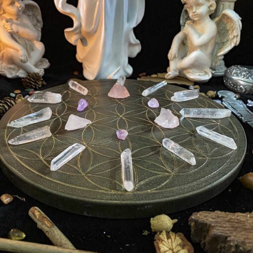 生命之花水晶能量盘 橡木雕刻星盘能量摆件 威卡wicca仪式摆件：圖片 11